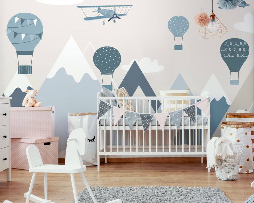 Fototapete Kinderzimmer Berglandschaft mit Heißluftballons
