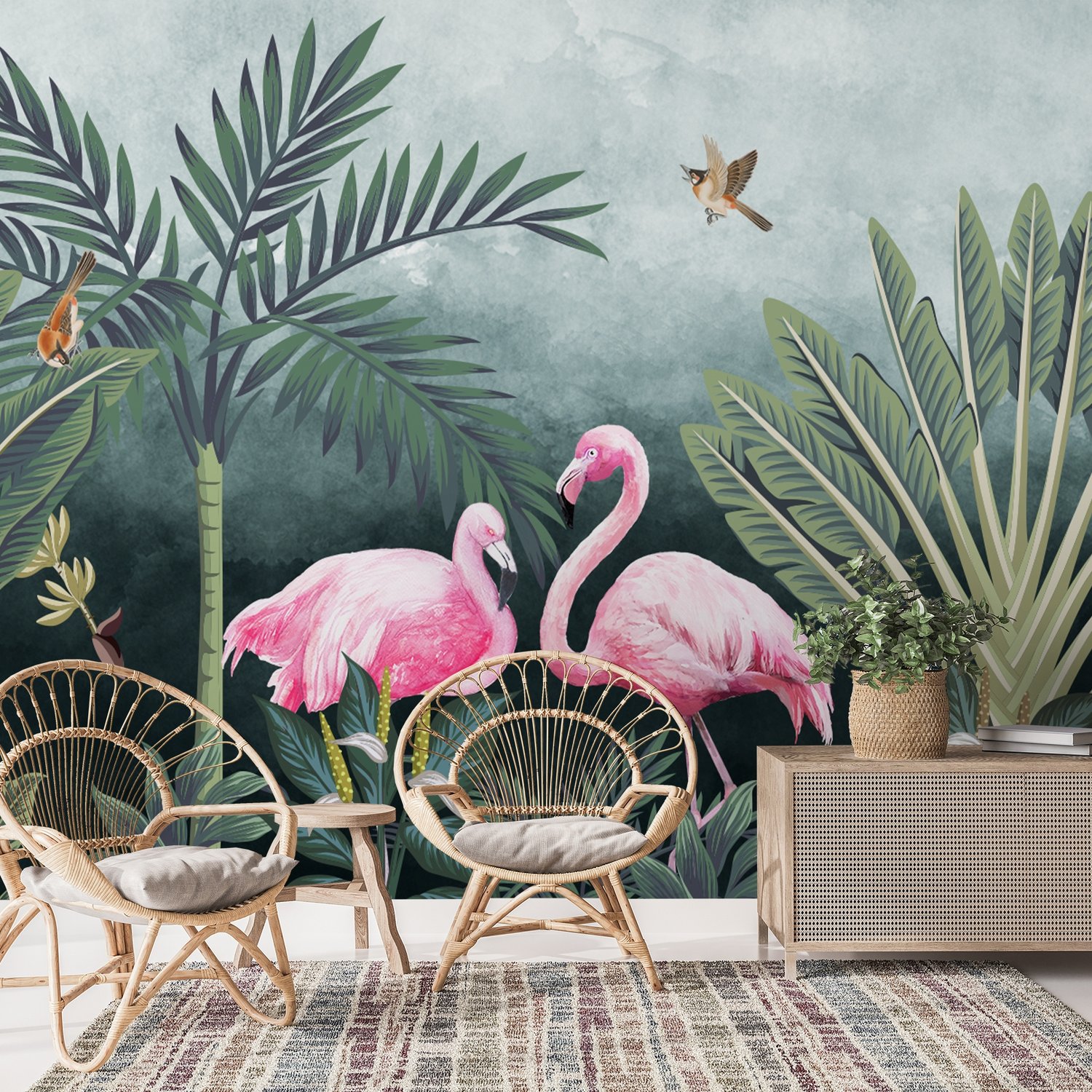 Pink Flamingo with Vintage Forest Wallpaper Mural - Peel and Stick