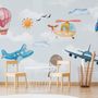 Fototapete mit Cartoon-Flugzeugen und rosa Heißluftballon