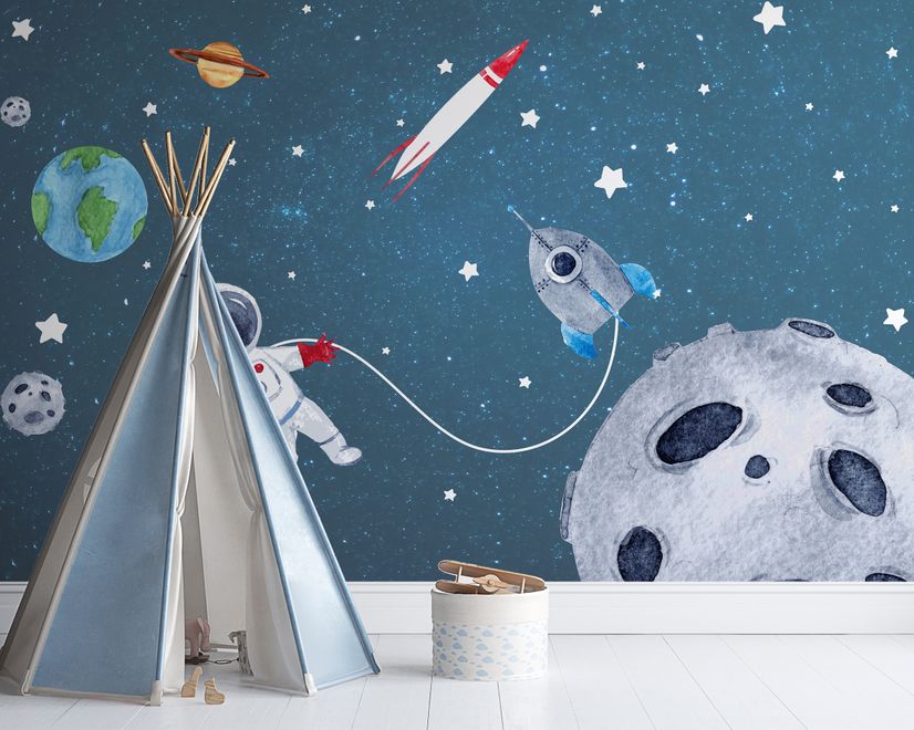 Watercolor Space with Astronaut and Meteor Wallpaper Mural