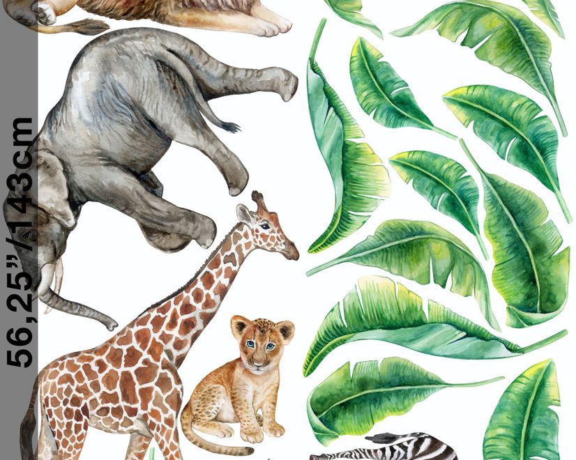 Kids Watercolor Safari Animals with Banana Leaves Wall Decal Sticker