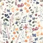 Watercolour floral wallpaper repeat with navy, blue, blush and peach wildflowers on warm cream