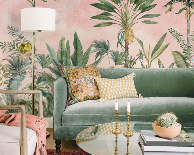 Watercolor Pink Tropical Chinoiserie Wallpaper Mural