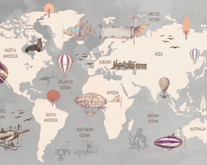 Vintage Kids World Map with Aircraft and Hot Air Balloon Wallpaper Mural