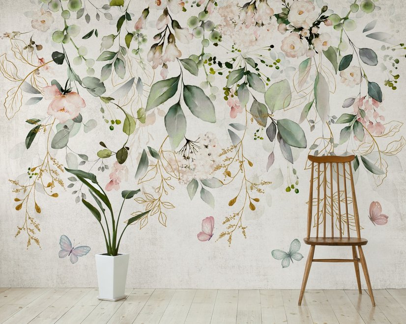 Papier peint aquarelle floral doux avec feuilles vertes