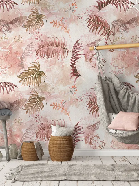 Pink Leaf and Blossom Wallpaper Mural