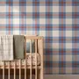 Blue and red plaid wallpaper with denim blue, cream and sky blue woven checks and fine red stripes