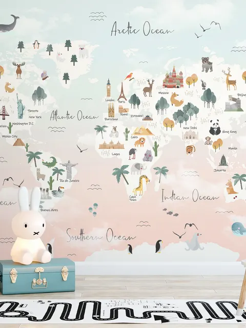 Papier peint carte monde rose animaux mignons ballons enfants