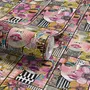 Bold wallpaper for powder room with pop art female faces, pink flowers, black comic panels, mustard, teal and fuchsia details