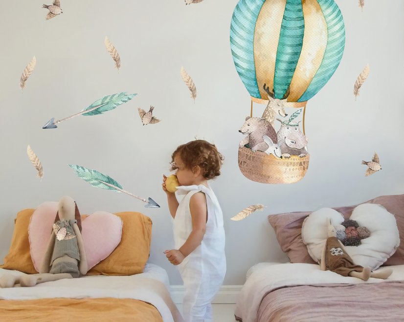 Kids Watercolor Hot Air Balloon with Animals and Colorful Feathers Wall Decal Sticker