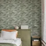 Bamboo oil painting wallpaper with olive leaves and ochre canes on a soft blue-grey ground