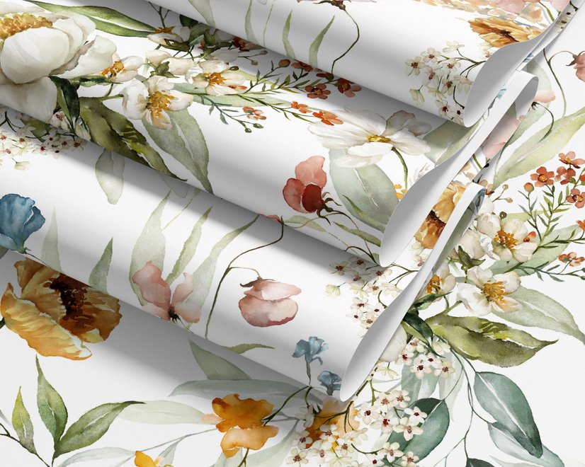 Watercolour floral wallpaper with sage leaves, blush and ochre flowers on a white ground