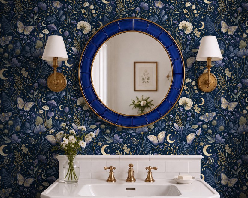 Midnight navy moody botanical wallpaper with lavender butterflies, ivory moons, gold stars, flowers and mushrooms
