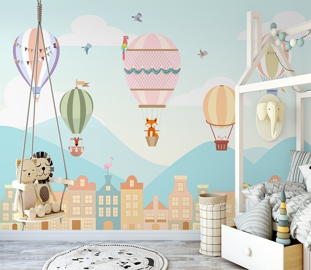 Kids Hot Air Balloon and Little House Wallpaper Mural - Peel and Stick