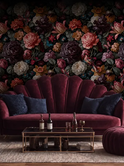 Vintage peony wallpaper mural with plum, blush and ivory flowers, dark foliage and small hummingbirds