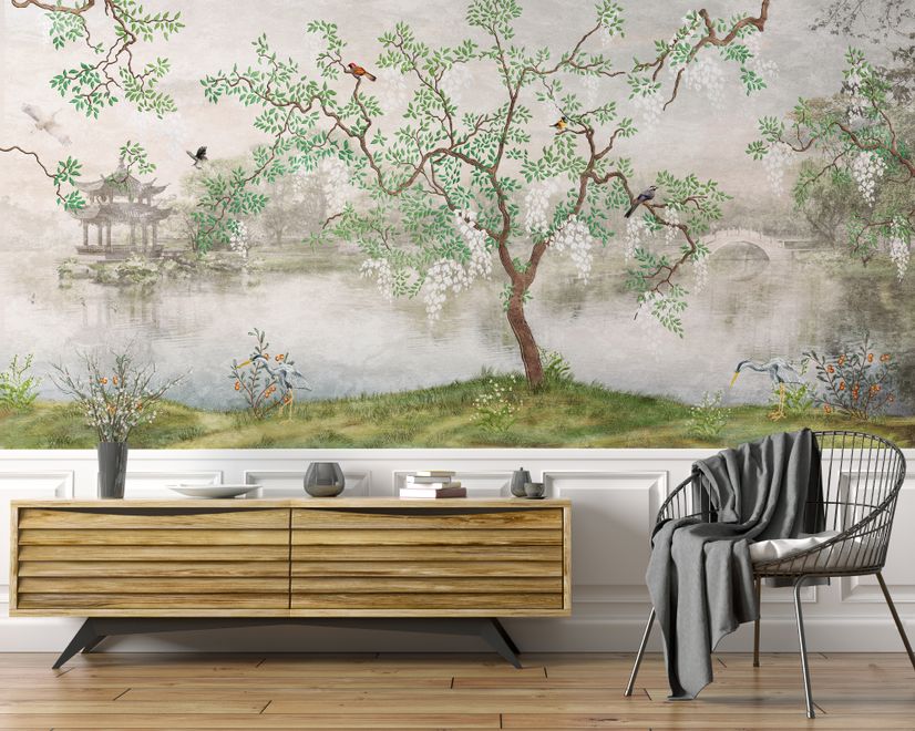 Misty Lake Landscape and Japanese Garden Wallpaper Mural