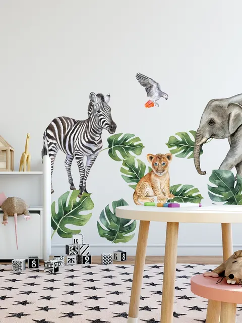 Kids Tropical Animals with Leafs Wall Decal Sticker