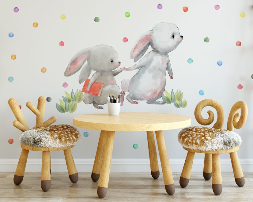 The Cute Bunny Reading Books with Colorful Polka Dots Kids Wall Decal Sticker