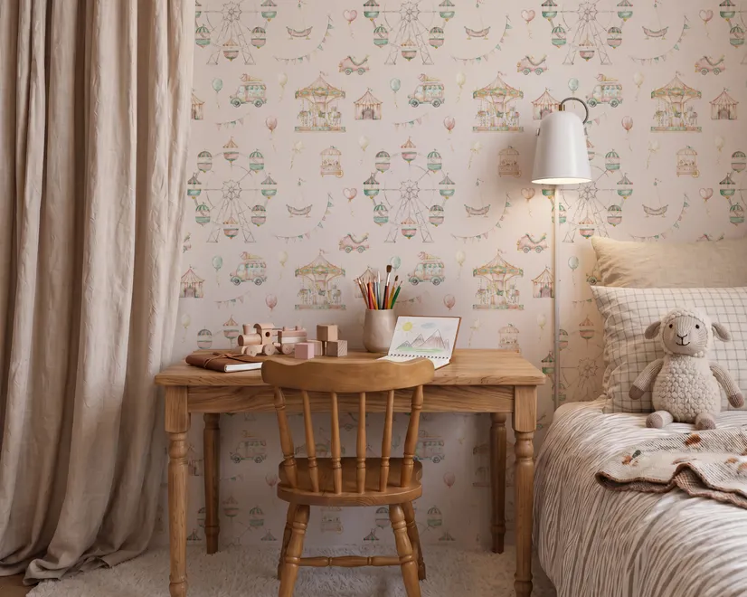Children's playroom wallpaper with pastel Ferris wheel, carousel horses, tents and balloons on blush pink