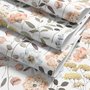 Watercolour wildflower wallpaper with pastel flowers and sage leaves on a white ground