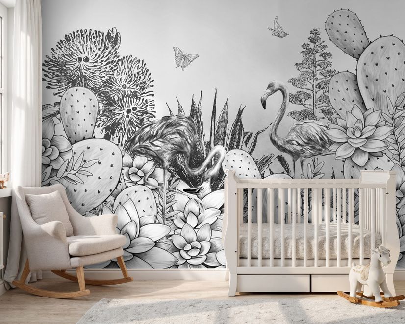 Monochrome Kaktus Floral mit Flamingo Zeichnung Fototapete
