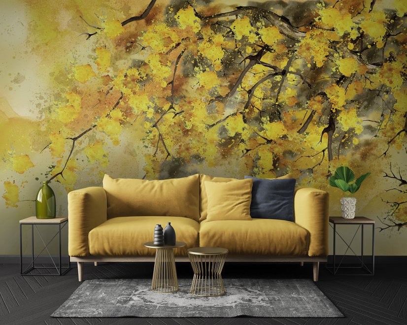Papier peint paysage arbre jaune aquarelle