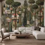 Architectural design wallpaper mural of forest treehouses, rivers, boats and small figures in green watercolour