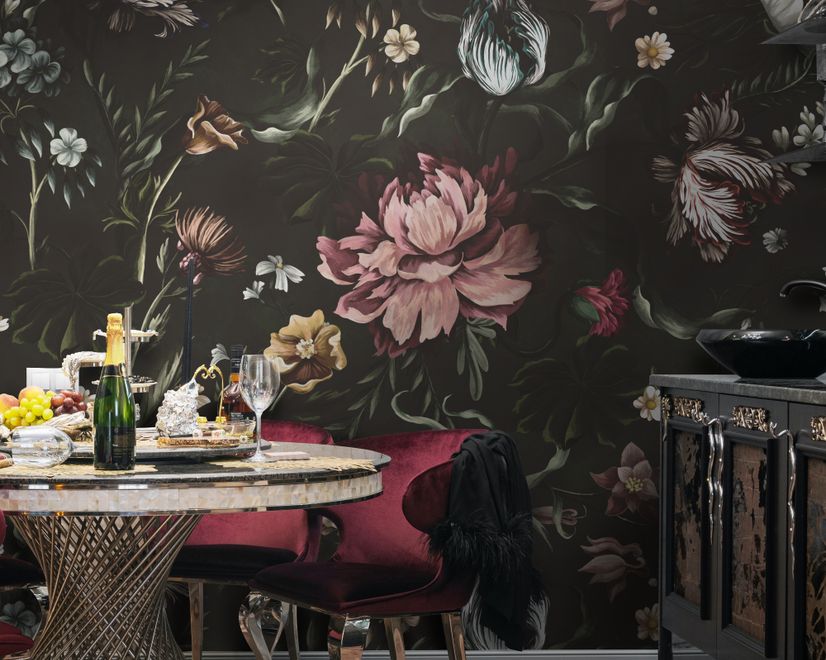 Dutch Flower Peony with Tulips Dark Floral Wallpaper Mural
