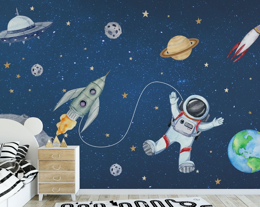 Kinder Aquarell Weltraum mit Raumschiff und Astronaut Fototapete