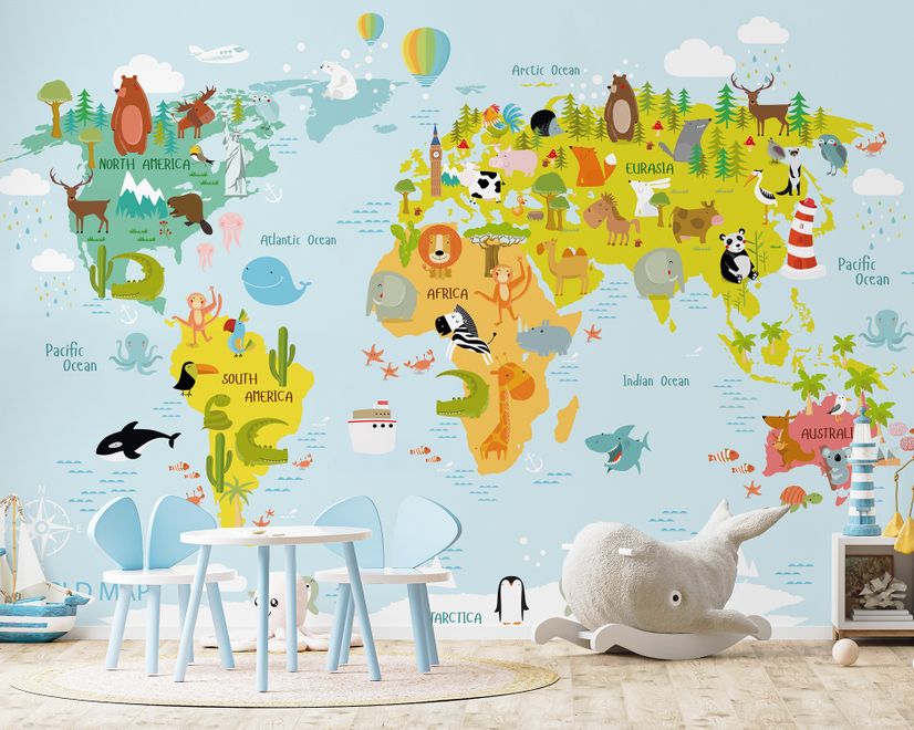 Сolorful Kids World Map with Animals Wallpaper Mural