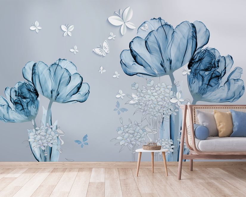Blue Transparent Floral and White Butterflies Wallpaper Mural