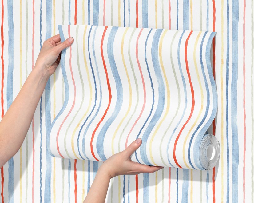 Blue and light blue wallpaper with hand-painted vertical watercolour stripes on a clean white ground