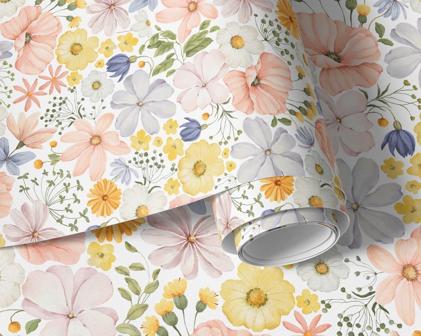 Spring floral wallpaper with pastel watercolour flowers and sage leaves on a clean white ground
