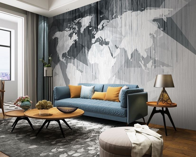 Monochrome Polygonal World Map with Abstract Lines Wallpaper Mural