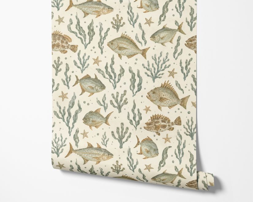 Watercolour fish wallpaper with sage seaweed, coral and starfish on a warm cream background