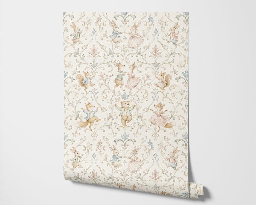 Cute rabbits wallpaper with woodland animals, white birds and acanthus scrolls on an ivory cream ground