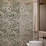 Sage green botanical floral wallpaper with white poppy flowers, lobed leaves and dotted seed centres