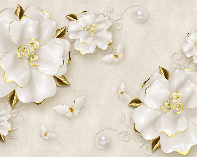 Papier peint panoramique roses bijoux effet relief 3D