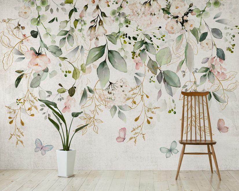Watercolor Soft Floral with Green Leaves Wall Mural