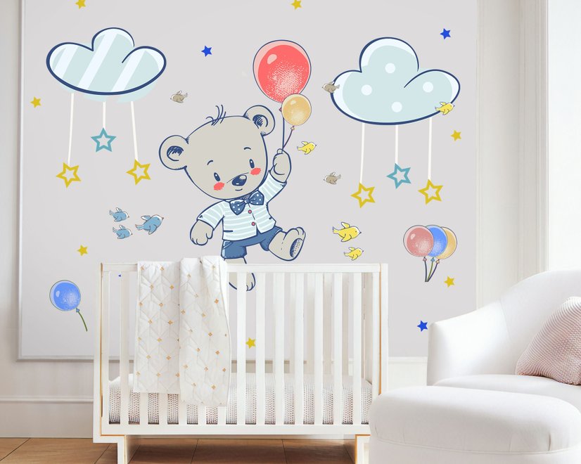 Kinder Fliegender Süßer Bär und Bunte Sterne im Cartoon-Himmel Wandtattoo