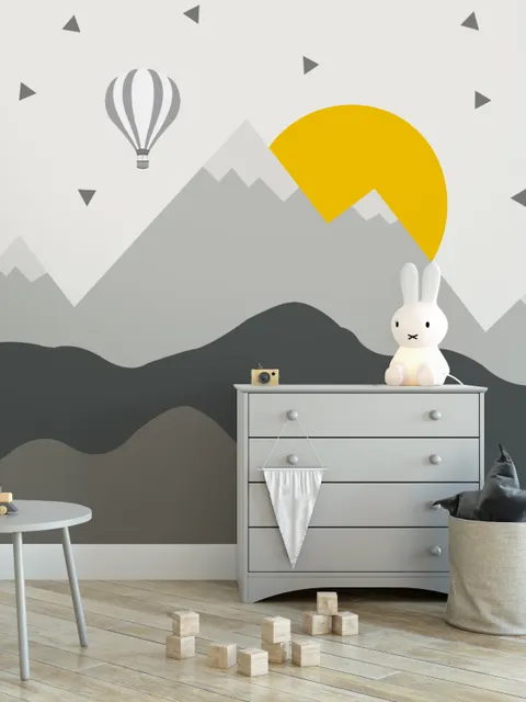 Kinder Graue Geometrische Berglandschaft und Heißluftballon Fototapete