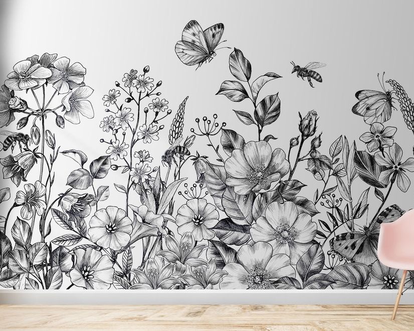 Black and White Floral Wallpaper Mural