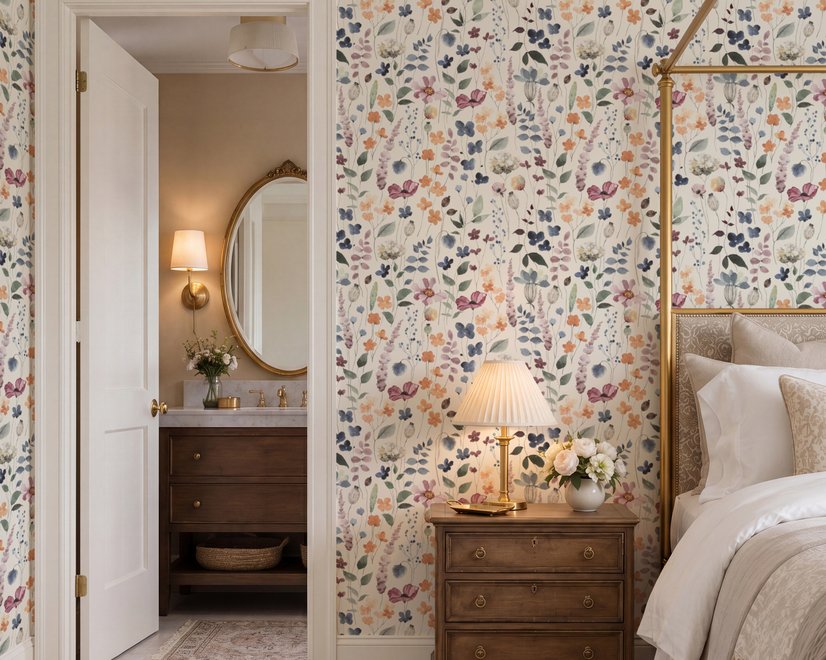 Watercolour floral wallpaper repeat with navy, blue, blush and peach wildflowers on warm cream