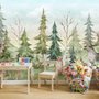 Papier peint forêt de pins aquarelle avec animaux pour enfants