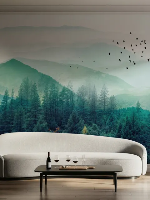 Misty Green Forest with Birds Wallpaper Mural
