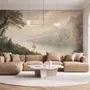 Landscape wallpaper mural with sepia coastal mountains, sailboat, beach figure and foreground tree