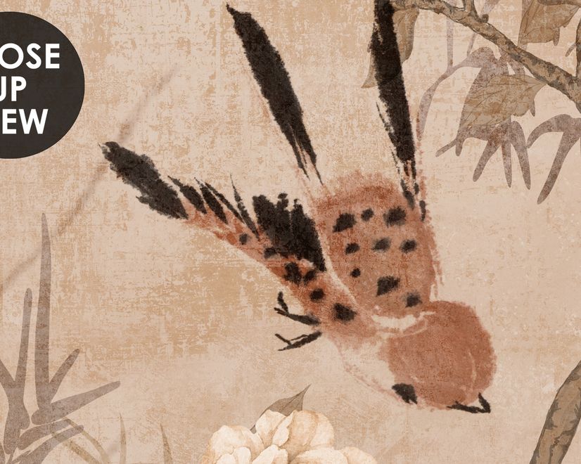 Chinesische Pfingstrosenblüten und Bambuslandschaft mit Kranichen Fototapete