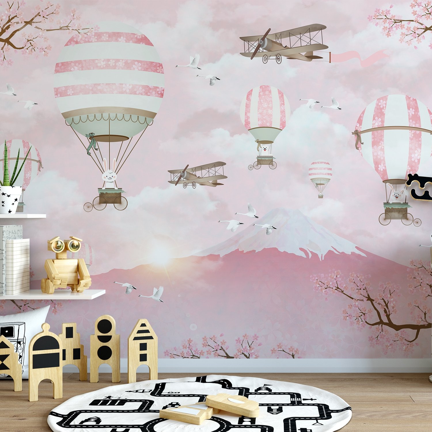 Hot Air Balloon with Pink Mountain Landscape Wallpaper Mural - Peel and Stick