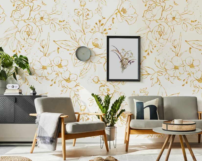 Gold Look Peony Floral Drawing Bright Flower Art Wallpaper Mural