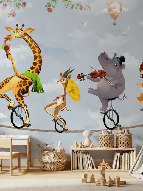 Cartoon Slackline with Animals Wallpaper Mural
